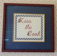 “Kiss the Cook” framed embroidery 20” x 19”