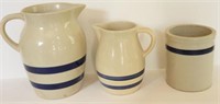 (3pcs) of blue banded pottery: Small crock