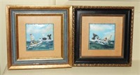 Two mini painted tiles depicting whaling scenes