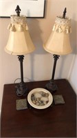 Pair Ornate Metal Table Lamps & Decor