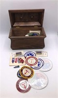 Military Decals, Patches, Pins w/ Wood Box