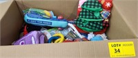 Box lot of miscellaneous pet toys & clothes