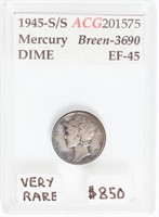 Coin 1945-S/S Mercury Dime - ACG EF-45
