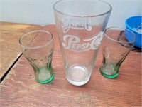 2 Coca-Cola Green Glasses + 1 Pepsi-Cola Glass