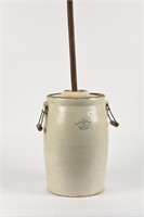 FIVE GALLON STONEWARE BUTTER CHURN WITH LID AND