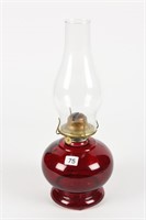 PAINTED RED GLASS EAGLE OIL LAMP WITH CHIMNEY 14"