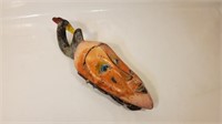 African Mask Painted Carved Wood w/ Bird