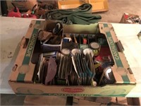 Box Lot- Sandpaper, Paint Brushes, Hardware