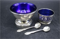 2 cobalt blue glass & sterling salt dips w spoons