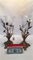 PAIR GLASS GARNITURE VASES WITH FLORAL BASES