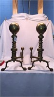 ANTIQUE BRASS CANNON BALL ANDIRONS 22" TALL