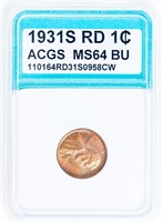 Coin 1931-S RD Lincoln Wheat Cent - ACGS MS64