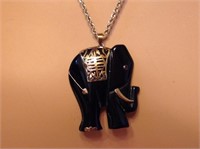 14K Gold Large Onyx Elephant Necklace