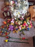 Fake flowers, 2 glass flowers, jewelry box,