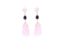 Pink Opal & Onyx Diamond 18k Yellow Gold Earrings