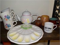 Tea pot, cups, egg tray