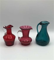 3 Cranberry, Green Crackle Glass Pitchers