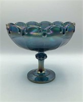 Blue Carnival Glass 12 Sided Compote