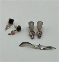 Sterling Silver Earrings, Brooch 19.9 Grams