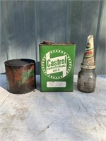 Castrol embossed oil bottle & Castrol tins