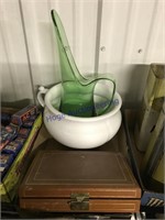 JEWELRY PIECES, CHAMBER POT, GREEN GLASS PITCHER