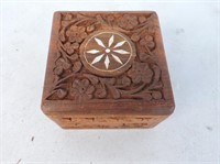 Carved Box With Inlaid Shell 4"x4x2 1/2