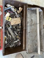 Metal tool box with misc metal parts, tray with