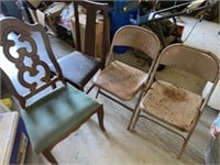 2 metal folding chairs and 2 wood chairs