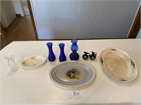 2 Platters, Oil Lamp, Glassware