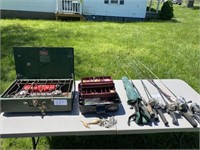 Fishing Rods, Tackle Box, Seat, Coleman Camp Stove
