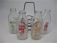 Lot of 4 Advertising Milk Bottles in Carrier