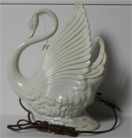 Vintage glazed white ceramic figural swan lamp