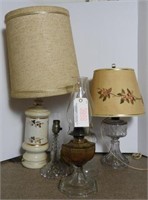 (5) Lamps: Greek Key decorated font oil lamp,