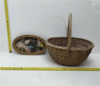 antique wicker market basket & antique wicker tray