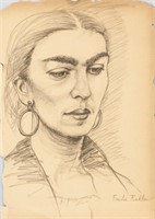 Mexican Charcoal on Paper Signed Frida Kahlo