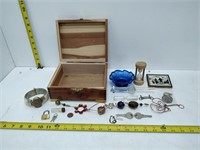 cedar wood box with brass lock & contents