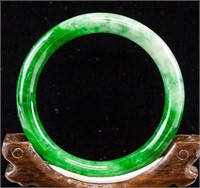 Carved Green and White Natural Jadeite Bangle GIA