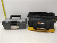 tool bag & box of drill, doorknobs & pullies