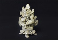 6" Carved Sculpture Rooster & Flowers