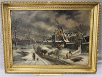 Antique Winter Oil Painting w/ Horses