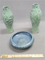 3 Pc Art Pottery Grouping: Green Vases, Blue Bowl
