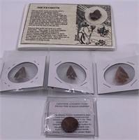 Lot of 5: 3 arrowheads, roman bronze coin, and a m