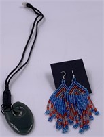 Lot of 2: hand beaded earrings and a jade pendant