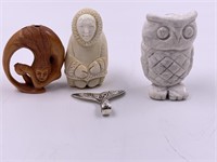 Lot of 4: carved owl, Japanese bentwood netsuke of