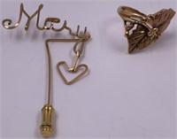 Lot of 2: Lapel pin, "Mary", and a 10kt gold ring