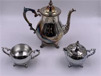 3 Piece silver-plated teapot cream and sugar set