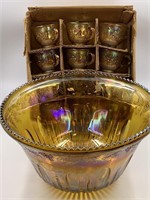 Truly stunning carnival glass punch bowl 7" tall,