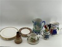 Large box lot of dishes, pitchers and drink stirs