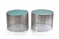 PAIR OF CHROME & FROSTED GLASS DRUM SIDE TABLES