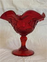 Red ruffled edge glass candy dish